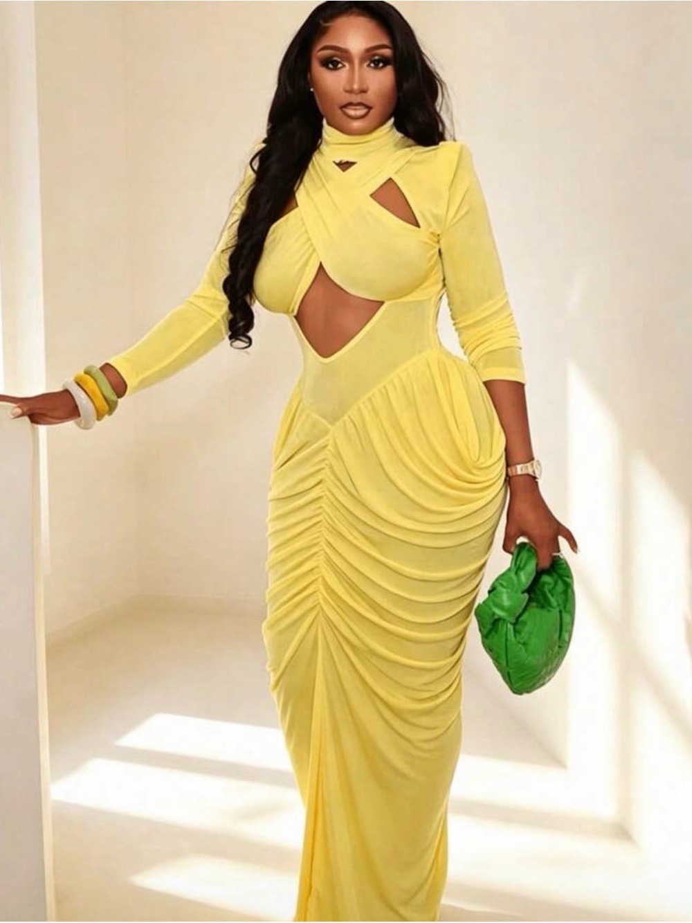 Yellow Cutout Ruched Maxi Dress - Women